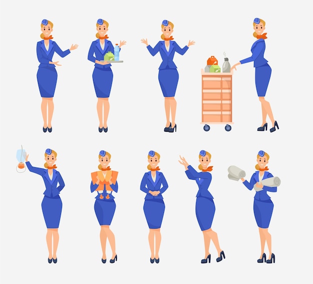 Aeromoça fazendo conjunto de ilustração de desenhos animados de ações diferentes. comissária de bordo feminina mostrando saídas de emergência no avião, dando instruções sobre como usar máscara de oxigênio e colete salva-vidas. conceito de ocupação