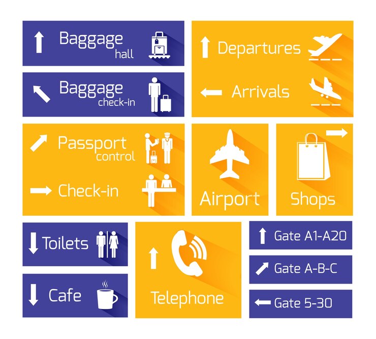 Vetor grátis aeroporto, negócios, navegação, infográfico, desenho, elementos, setas, vôo, chegada, partida, símbolos, ilustração vetorial