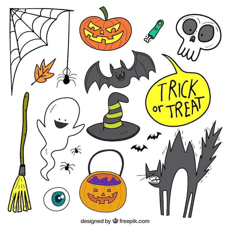 Vetor grátis agradável coleção desenhada a mão de atributos de halloween