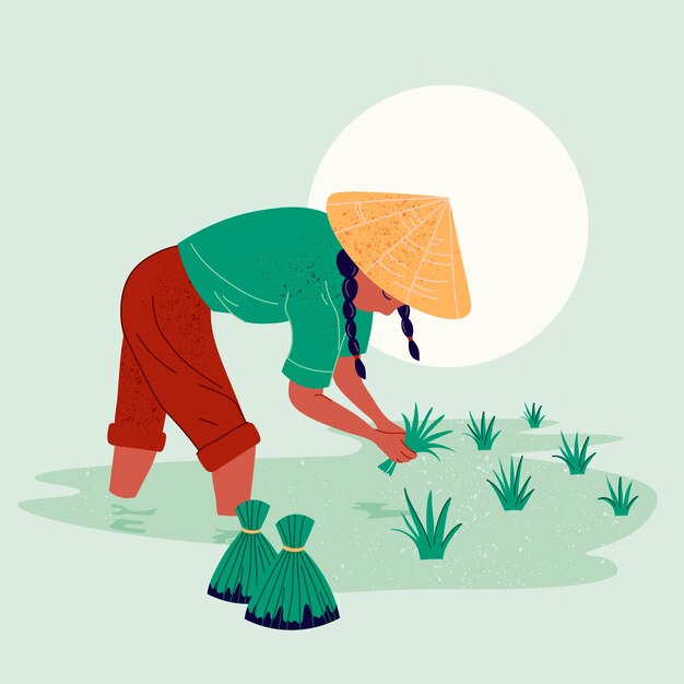 Agricultor asiático de textura desenhada de mão ilustrado