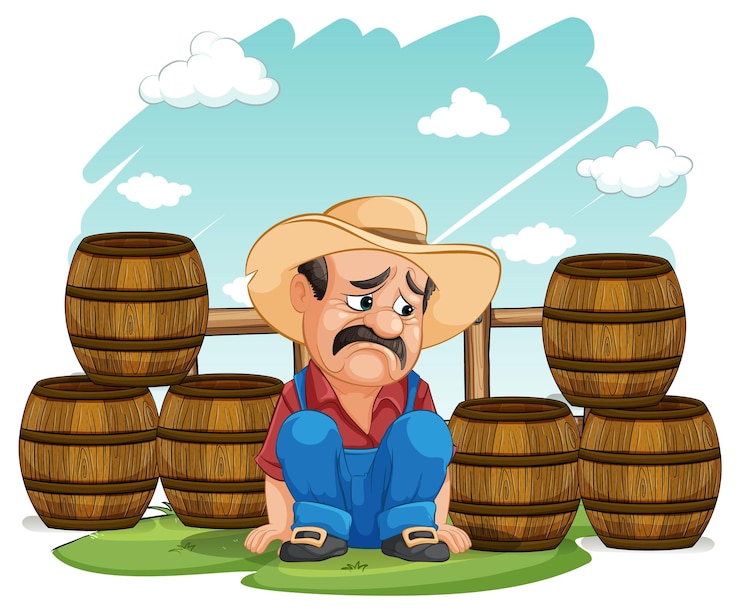 Vetor grátis agricultor triste com barris vazios