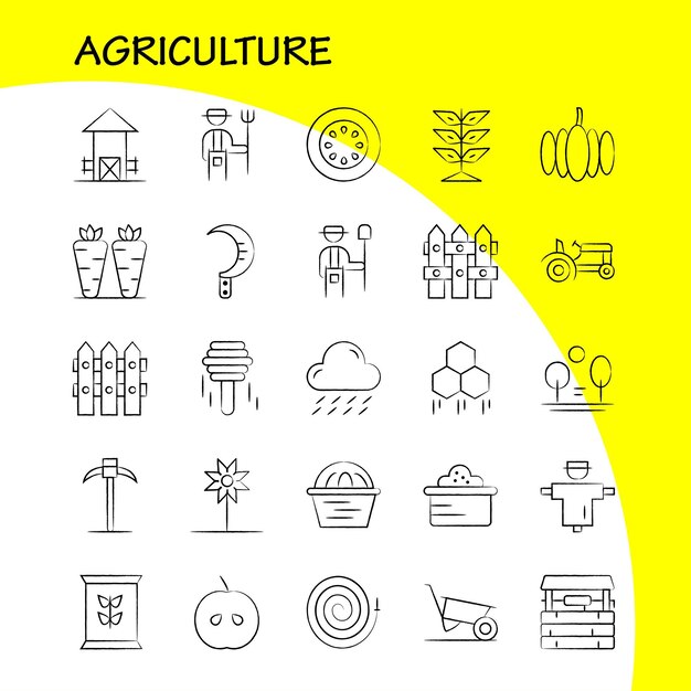 Agricultura Pacote de ícones desenhados à mão para designers e desenvolvedores Ícones da agricultura Apple Country Farm Farming Farming Food Vector