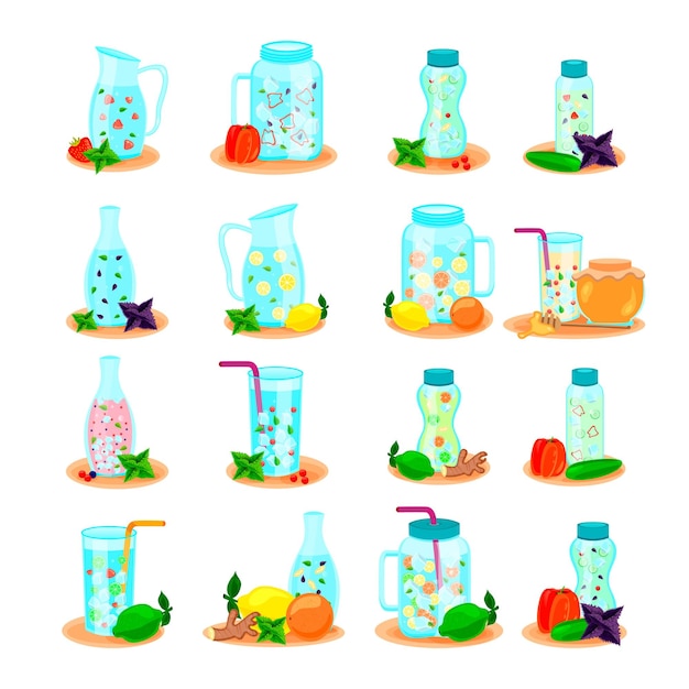 Vetor grátis Água desintoxicante em garrafas de bebida, jarra, coleção de ícones planos com limão, mel, hortelã