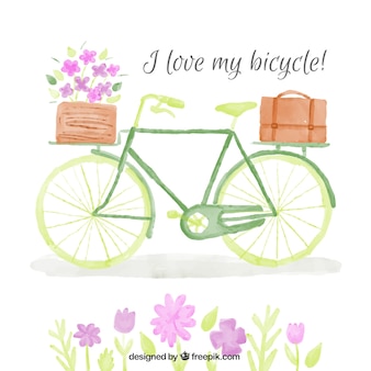 Aguarela da bicicleta do vintage com cesta e flores fundo