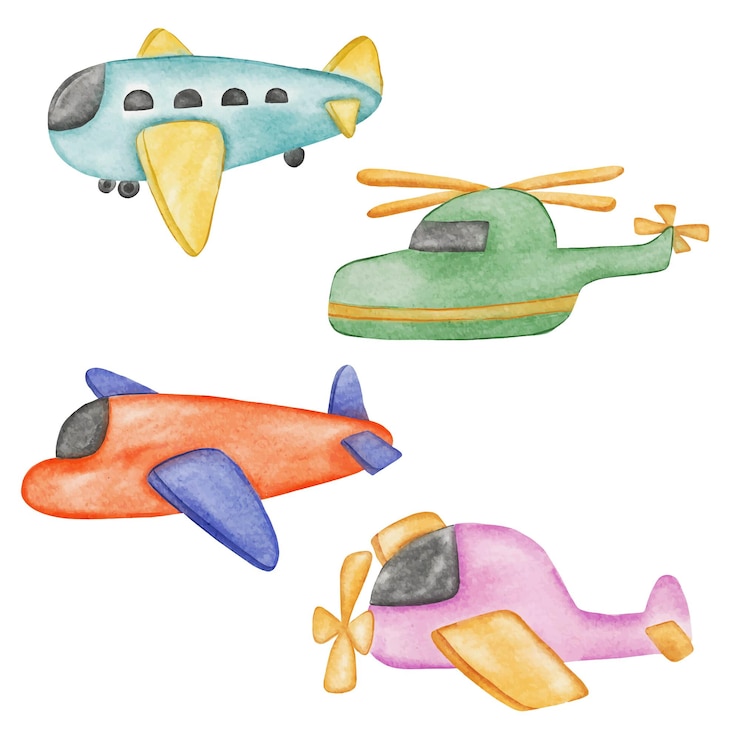 Vetor grátis airplane nursery ilustrações pintadas à mão estilos de aquarela aquarela plano colecção set