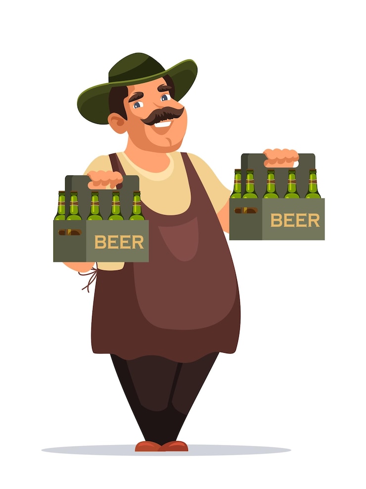 Vetor grátis alegre personagem de desenho animado artesão trabalhador de cervejaria de bar homem sorridente de chapéu segurando pacotes de garrafas