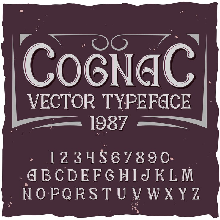 Vetor grátis alfabeto conhaque com moldura quadrada e tipo de letra vintage com linhas, dígitos e letras