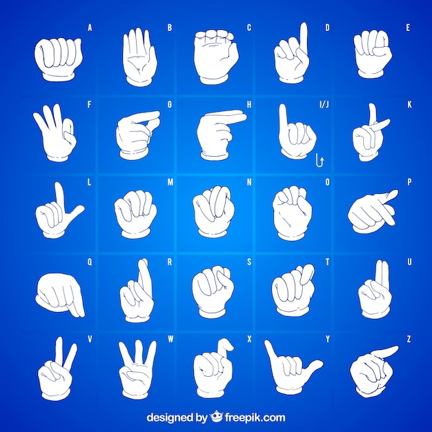 Alfabeto de língua de sinais na mão desenhada estilo