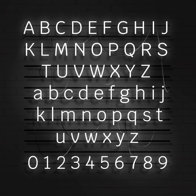 Alfabeto de néon branco e número definido em um fundo preto