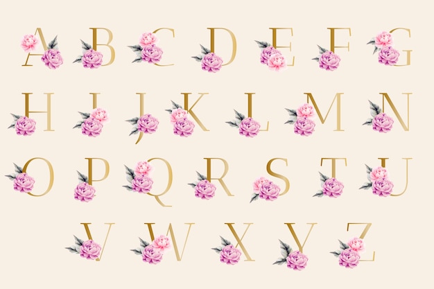 Alfabeto dourado com flores elegantes