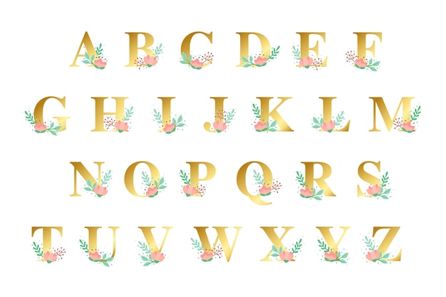 Vetor grátis alfabeto dourado com tema de flores douradas