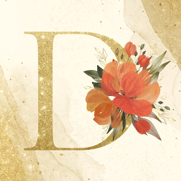 Vetor grátis alfabeto dourado d com decoração de flores em aquarela para a marca e logotipo do casamento