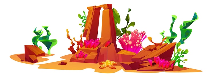 Vetor grátis algas marinhas e corais na rocha vetor subaquático ilustração ícone de recife oceânico com grama de alga marinha e pintura de pedra para vida selvagem conceito de jogo com composição de design decorativo de pedregulho e areia