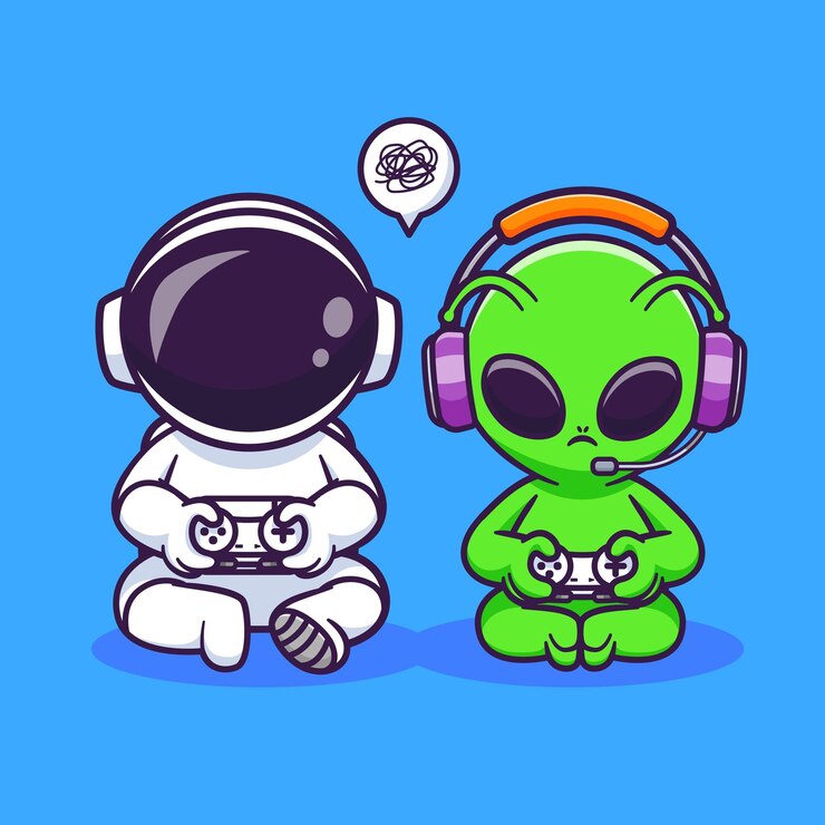 Vetor grátis alien bonito e astronauta jogando jogo juntos desenho animado vetor ícone ilustração ciência tecnologia