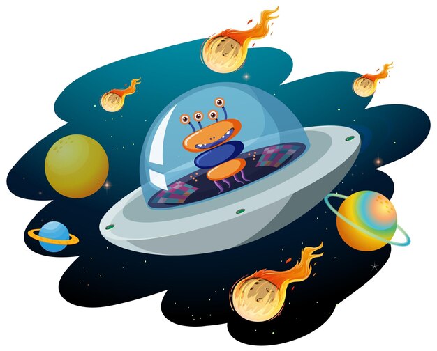 Alien em OVNI com muitos planetas e asteróides