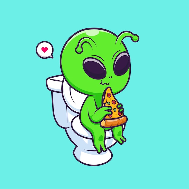 Vetor grátis alienígena bonito comendo pizza no banheiro ilustração do ícone do vetor dos desenhos animados ciência ícone de comida isolado plano