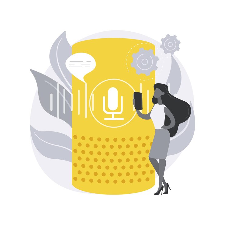 Vetor grátis alto-falante inteligente. assistente inteligente ativado por voz, hub de automação residencial virtual, internet das coisas, dispositivo de comando integrado, navegação por toque.