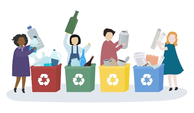 Alunos aprendendo sobre vários materiais recicláveis