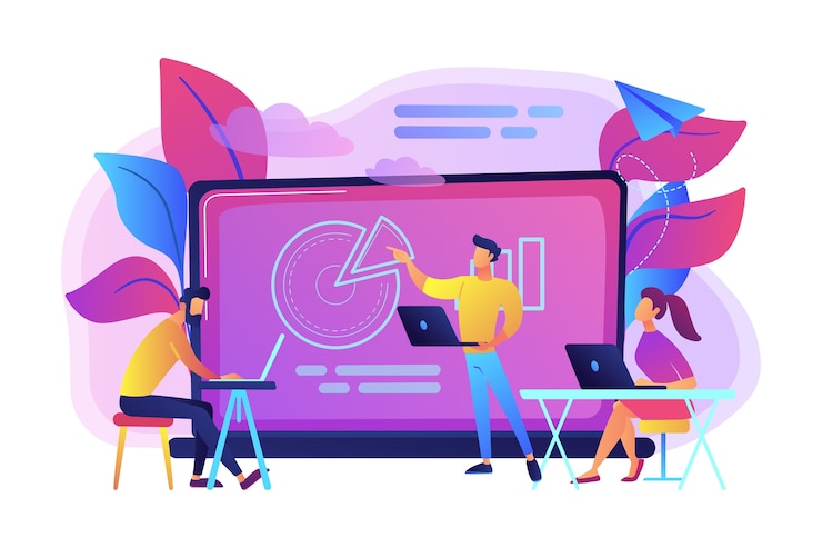 Vetor grátis alunos com laptops sentados ao redor do letor atrás da ilustração do quadro interativo