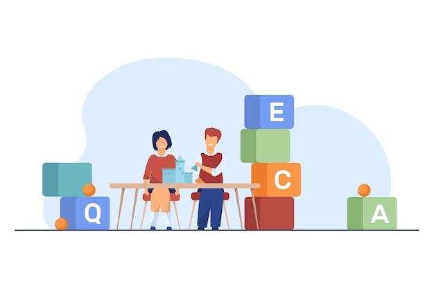 Alunos sentados na mesa com o castelo de brinquedo. Alunos do ensino fundamental, blocos com ilustração vetorial plana de letras. Educação, aula, aula