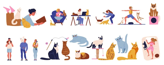 Vetor grátis amantes de gatos com símbolos de cuidado ilustração vetorial plana isolada