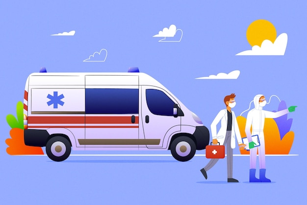 Vetor grátis ambulância de emergência com conceito de coronavírus
