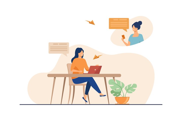 Vetor grátis amigas conversando online e sorrindo. ilustração em vetor plana laptop, computador, mídia social. comunicação e rede