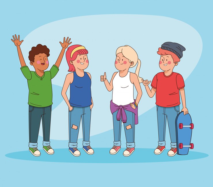 Vetor grátis amigos adolescentes, tendo, divertimento, desenhos animados