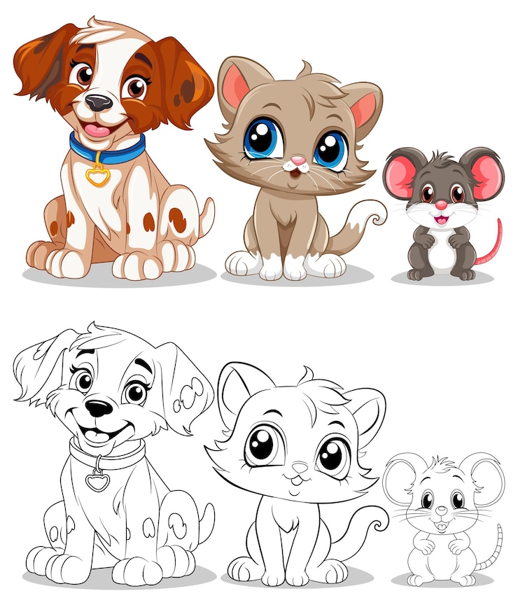 Vetor grátis amigos animais brincalhões com um cão de desenho animado, um gato e um rato