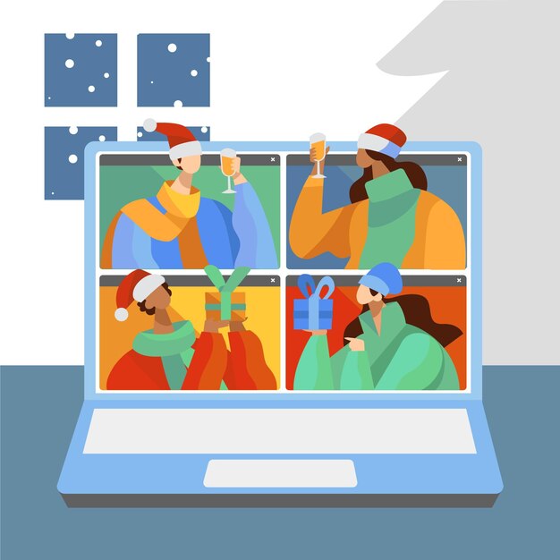 Amigos comemorando o natal online devido à pandemia ilustrada