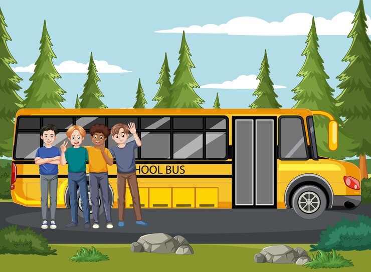 Vetor grátis amigos posando no ônibus escolar