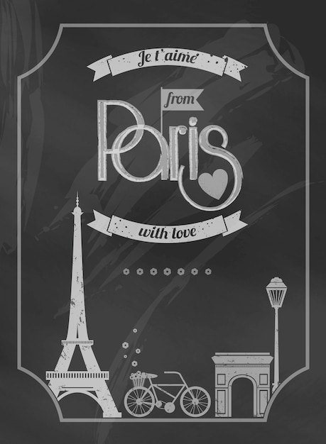 Amo cartaz retrô de lousa Paris com torre eiffel e bicicleta