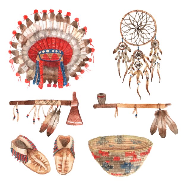 Amuletos tribais indiais do nativo americano e coleção dos artigos domésticos com headdress das penas