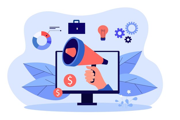 Análise de dados de negócios e megafone de mão. Tela de computador, marketing inteligente, ilustração vetorial plana de pagamento digital. Internet, conceito de comunicação para banner ou página da web de destino
