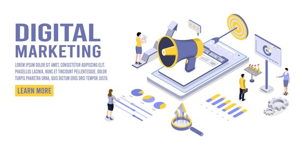 Análise de estratégia de marketing com personagens de pessoas analisando dados de estatísticas financeiras