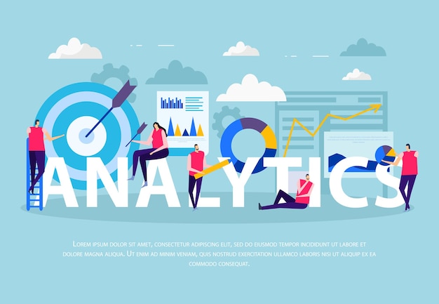 Análise de negócios, composição plana, personagens humanos, durante dados, trabalho, infográfico, elementos, fundo azul