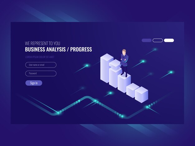 Análise de negócios e progresso concpet, empresário, agenda de dados