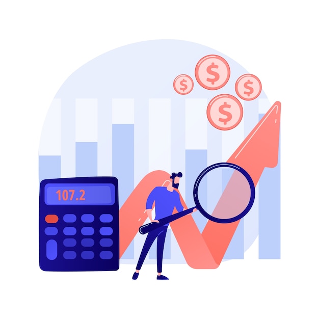 Vetor grátis análise do mercado de ações. pesquisa econômica, pesquisa de tendências de negócios, classificação de custos de empresas e negócios. corretor da bolsa estudando estatísticas de mercado.