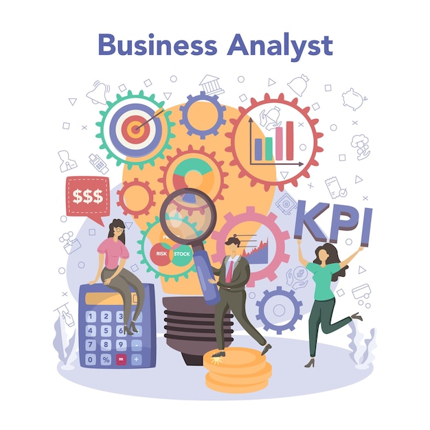 Vetor grátis analista ou consultor de negócios desenvolvimento de estratégia de otimização de operações financeiras lançamento de novos negócios pesquisa de negócios ilustração vetorial plana isolada