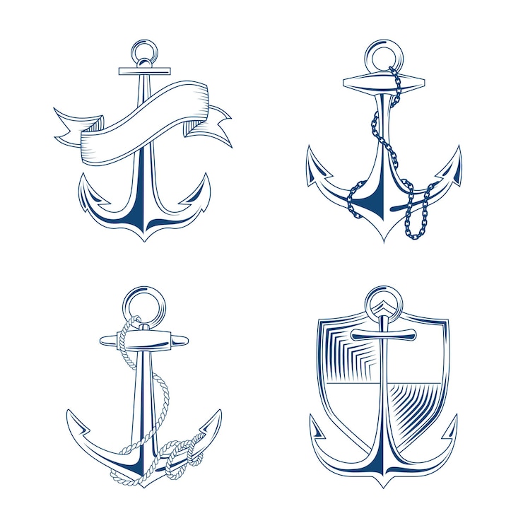Vetor grátis âncora com corda e ilustração conjunto de corrente. emblemas âncoras com escudo e fita