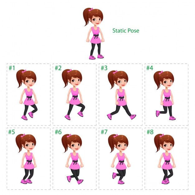 Vetor grátis animação da menina andando oito quadros de caminhada 1 representam vector cartoon isolado characterframes estáticos