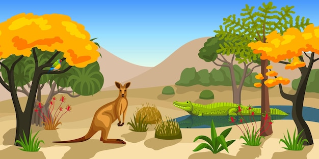 Vetor grátis animais australianos paisagem de fundo com árvores exóticas de crocodilo canguru amadina e plantas ilustração vetorial plana