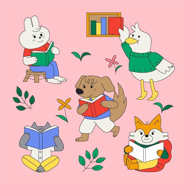 Vetor grátis animais childlike desenhados à mão lendo ilustração