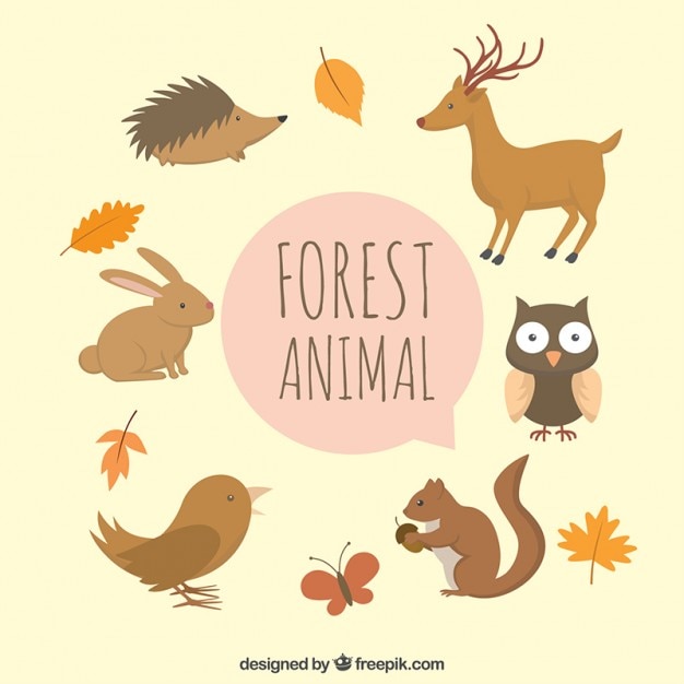 Vetor grátis animais da floresta desenhados mão bonitos com folhas