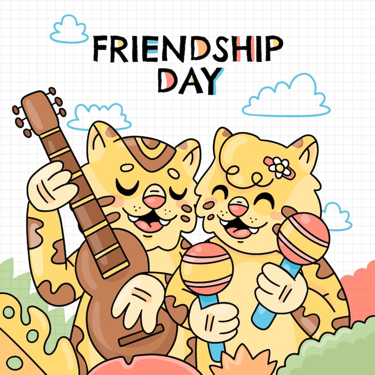 Vetor grátis animais do dia da amizade desenhados à mão fazendo ilustração musical