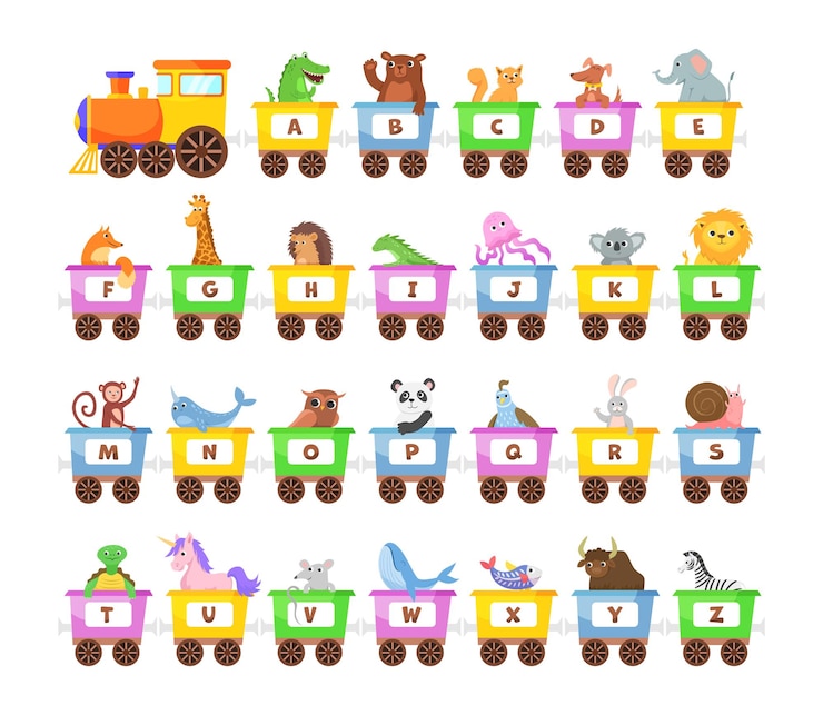 Vetor grátis animais fofos em conjunto de trem alfabeto colorido. ilustrações vetoriais de brinquedos de aprendizagem para crianças pré-escolares. animais dos desenhos animados sentados no transporte com letras isoladas em branco. conceito de educação