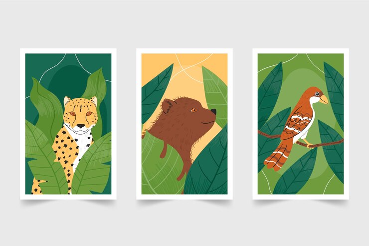 Vetor grátis animais selvagens desenhados à mão cobrem a coleção