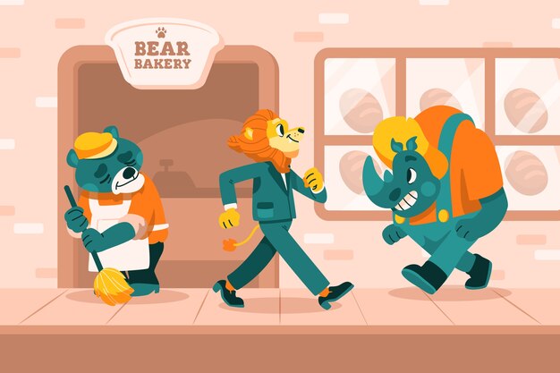Animais selvagens desenhados à mão fazendo ilustração de atividades humanas