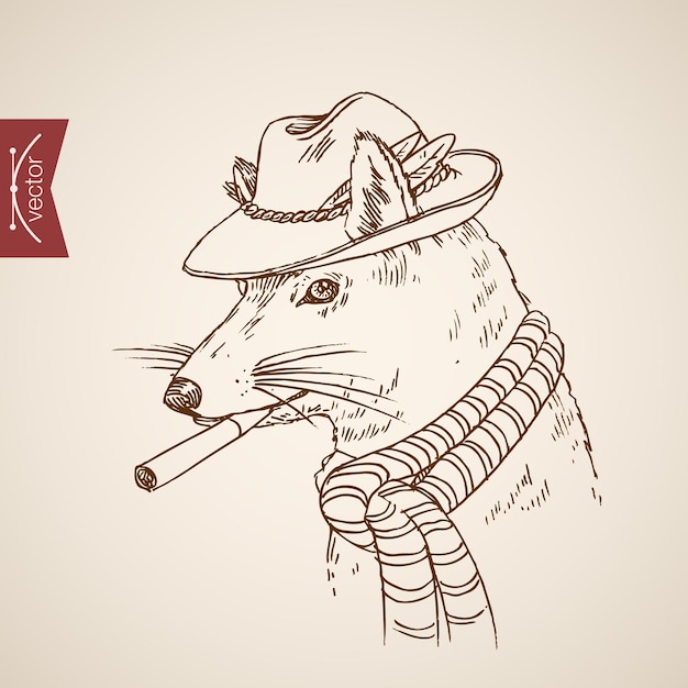 Vetor grátis animal rato rato cabeça hipster estilo humano como acessório de roupa usando cigarro de lenço de chapéu.