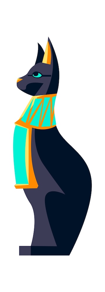 Gato egípcio. deusa bastet. gato preto com colar de ouro da arte do antigo  egito. ícone realista de desenho animado para design